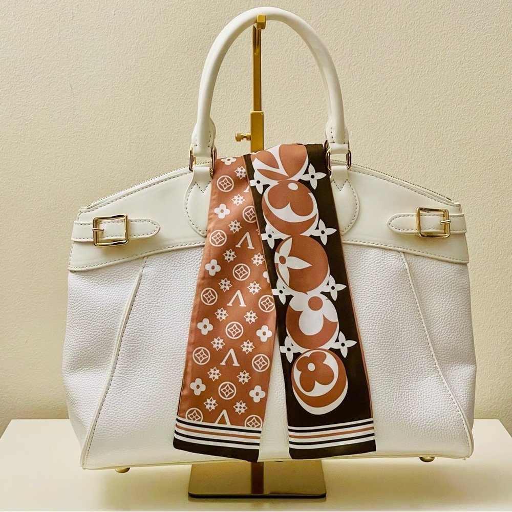Big Twilly: Luxe Silk Twilly Scarf - Brown & Cream Monogram Print - Picture 5 of 9